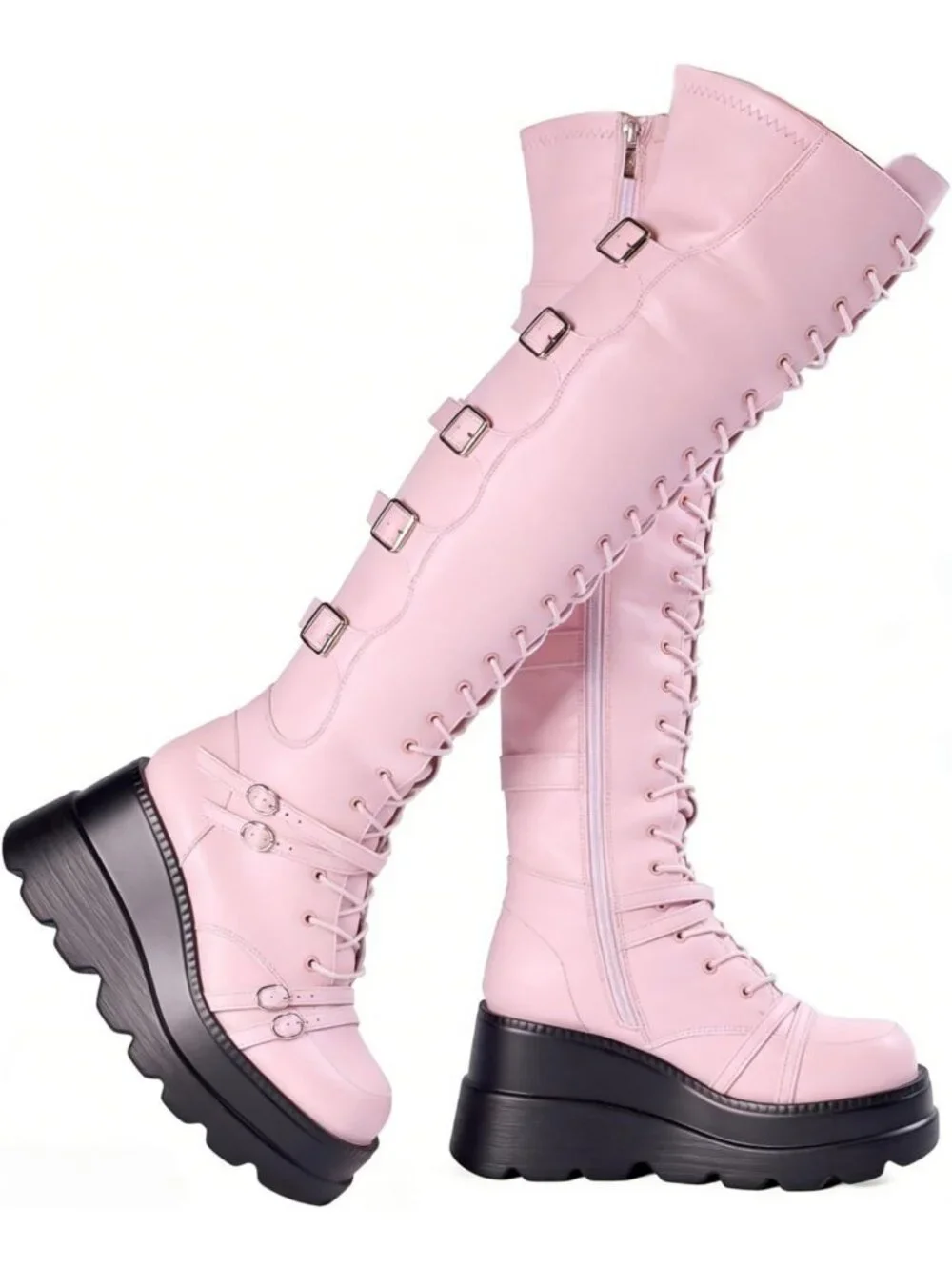 Goth Black Thigh High Platform Boots for Women - Chunky Heel, Rave, Motorcycle